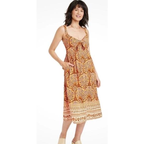 Knox Rose Wide Strap Tie-Front Boho Midi Sundress Pockets‎ Size XL - Picture 1 of 9